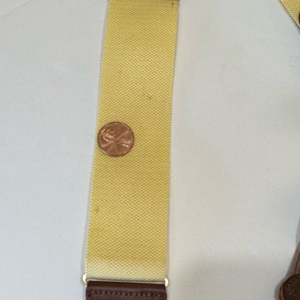 🌟2xHP🌟VTG 1980s-90s Dooney & Bourke Yellow Silk Leather Suspenders Braces Button - Picture 6 of 9